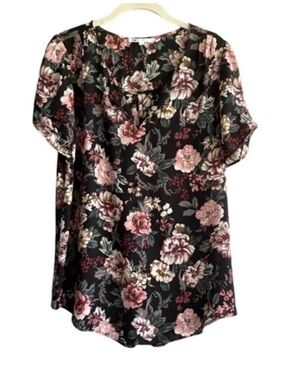 DR2 Short Sleeve Floral Blouse Longer Length Black Gray Pink Size M